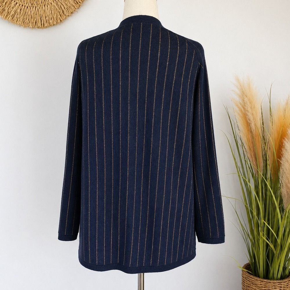 FRNCH Paris Navy Gold Shimmer Stripe Open Front Cardi Sweater SZ Medium Preppy - Picture 4 of 10